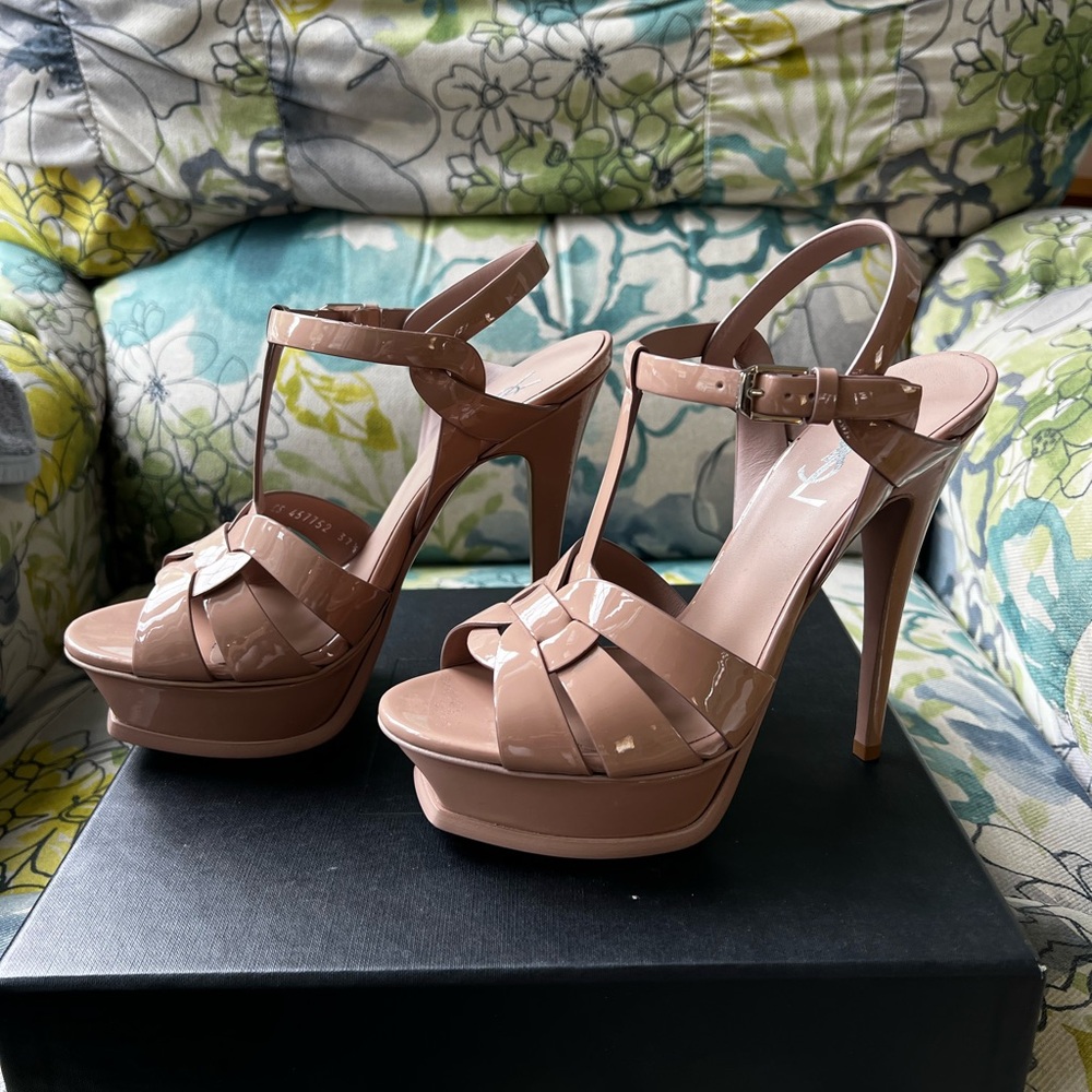 Tan High Heel Platform Sandals with T-Strap Design
